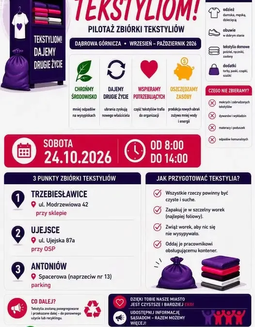 Mobilna zbiórka tekstyliów w Dąbrowie Górniczej – Trzebiesławice, Ujejsce i Antoniów